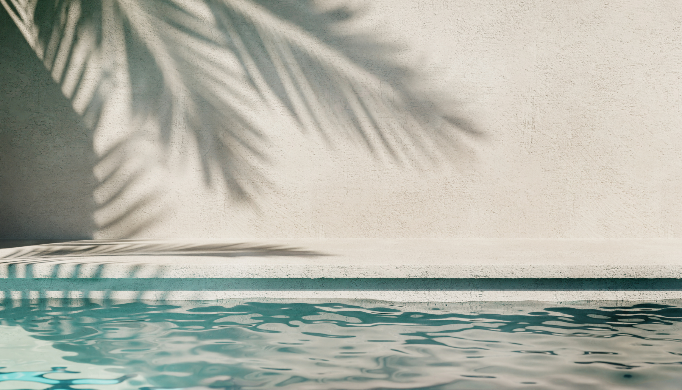 Tropical summer background with plaster wall, pool water and palm shadow.